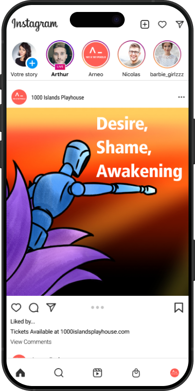 Slide 1 of an Instagram ad using imagery from the Spring Awakening Poster. This slide shows the blue male mannequin reaching to the right along with a short tagline "Desire, Shame, Awakening", meant to draw interest.