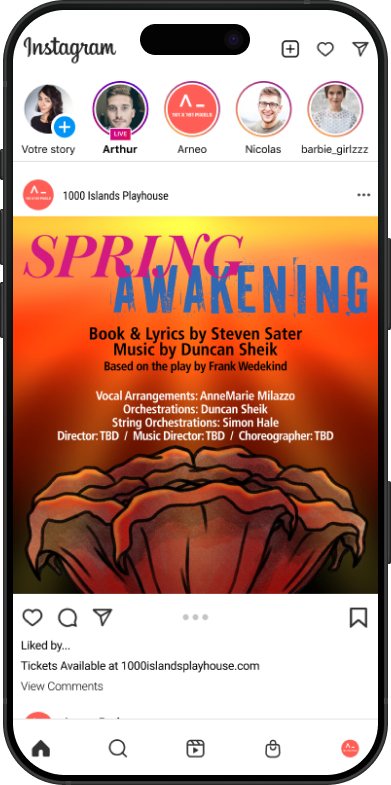 Slide 2 of an Instagram ad using imagery from the Spring Awakening Poster. This slide shows the large rose from the poster at the bottom of the image with the Spring Awakening Title at the top. Other performance information describing who made the music, who originally created the play, who the directors are and more are shown in the middle.