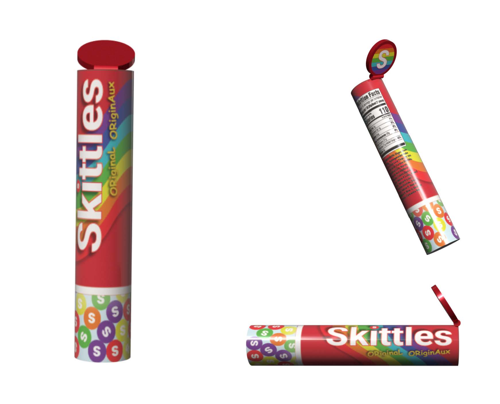 A series of 3 different views of the new Skittles packaging redesign. The redesign form is a thin tube with a cap at the top popped open and a clear plastic bottom showing the Skittles inside.