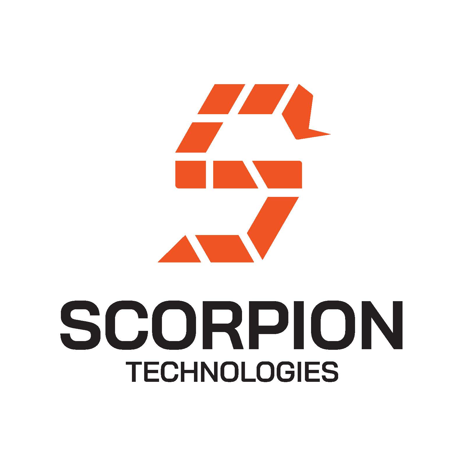 A custom logo design for the company Scorpion Technologies. The logo design is a hot orange colour. It uses different diamond, square and triangle shapes segmented together in an S shape while also resembling a scorpion with a triangular head at the bottom of the S and a stinger at the top. Accompanying logotype for the name of the company is placed directly under the logo design and is center aligned.