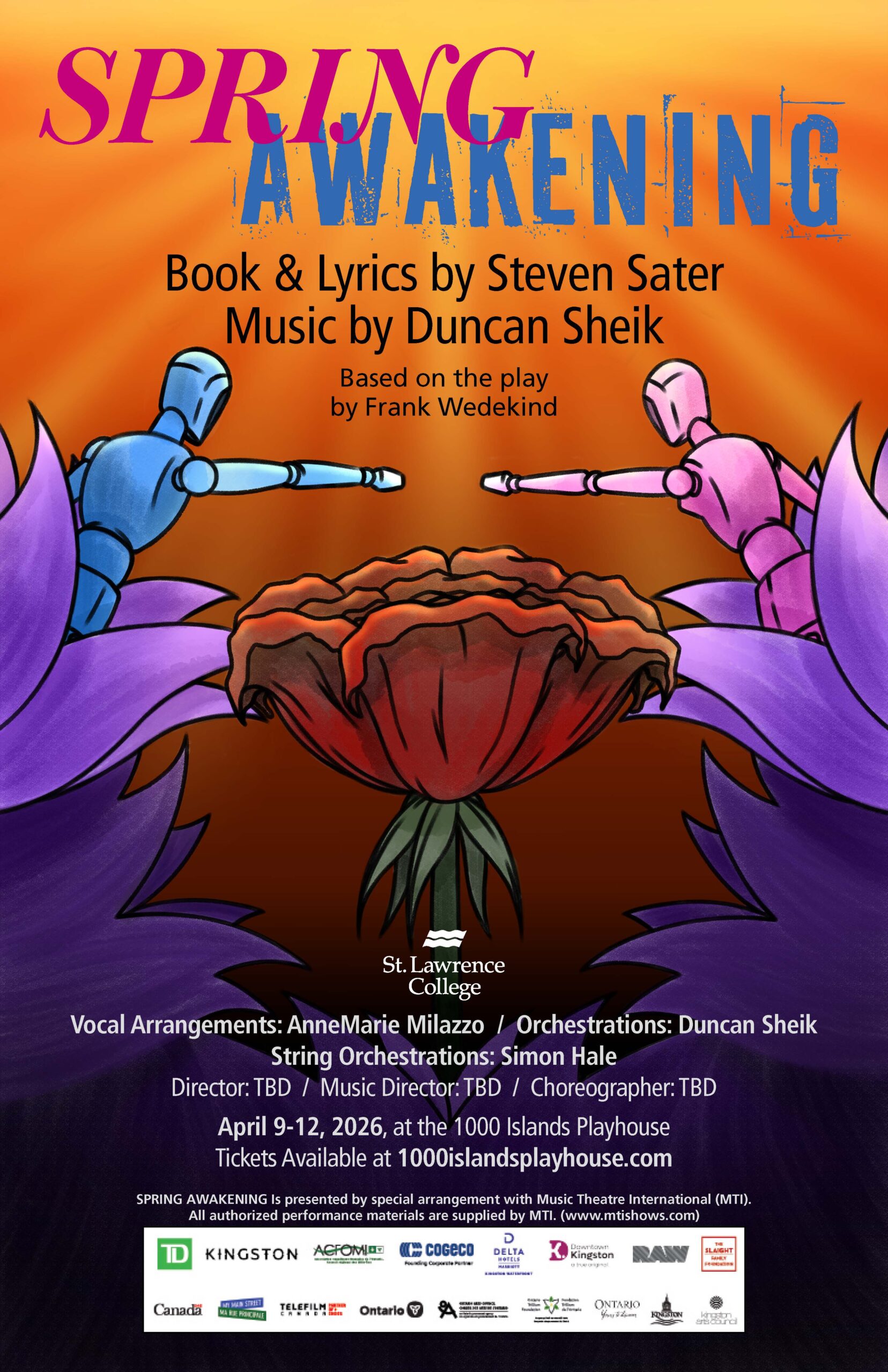 Spring Awakening performance poster design. The poster illustration showcases blooming purple flowers coming from the bottom and sides of the page along with a large rose shooting up from the bottom with the bulb in the middle of the poster. There are also two mannequin dolls reaching towards the middle of the poster to try and reach each other. On the left is the blue male mannequin and on the right is the pink female mannequin and they are both coming out from one of the purple flower bulbs on each side. The background of the illustration is an orange sunset that is bright at the top and gets darker near the bottom with sunbeams coming down from the top as well. Aside from the illustration there is text describing the performance details with the title of the performance at the top and other information center aligned going down the poster. Sponsor logos are at the bottom of the poster.